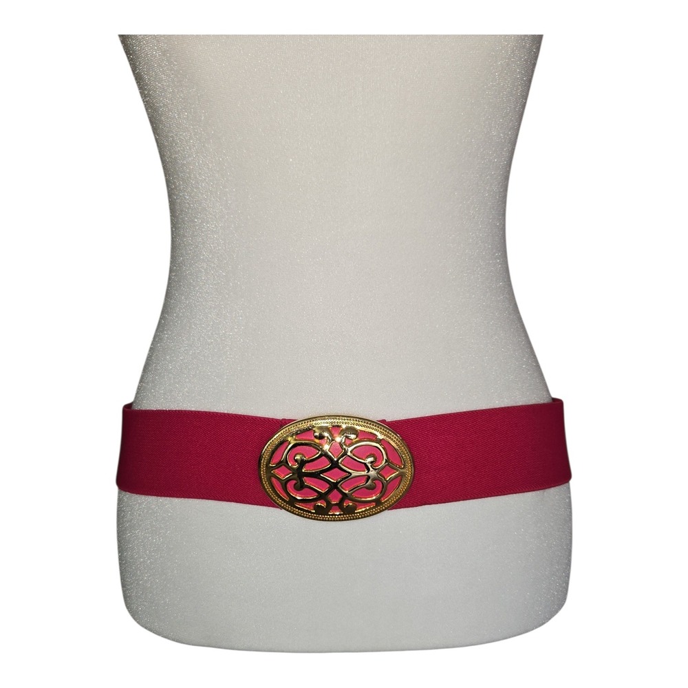 Day-Lor Vintage‎ Fuchsia Pink Elastic Cinch Belt Gold Filigree Buckle Wide Waist